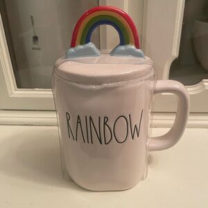 Rae Dunn White Mug with Rainbow Handle and Lid